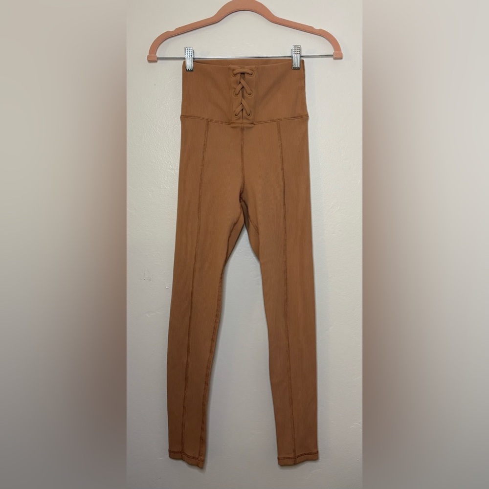 Aerie OFFLINE Ribbed Faux Lace Up Leggings in Neutral Tan, Athletic, Casual, M
